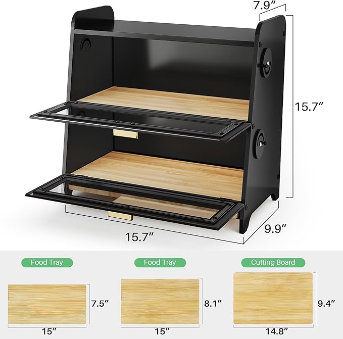 SNTD Bread Box - Kitchen Countertop Bread Storage Container with Bamboo Cutting Board, Adjustable Vent Hole Dials, Black