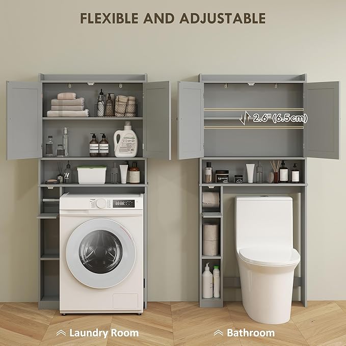 HOMCOM Over the Toilet Storage Cabinet, Modern Above Toilet Bathroom Organizer with 2 Doors, Storage Shelves, Toilet Paper Holder, Freestanding Space Saver for Bathroom, Laundry, Gray