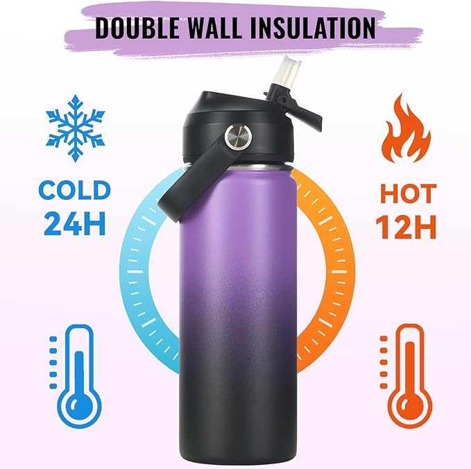 18oz Insulated Stainless Steel Water Bottle, Wide Mouth Double Wall Vacuum, Silicone Straw, Sweat & Leak Proof, BPA Free Insulated Water Flask for Travel, Purple & Black