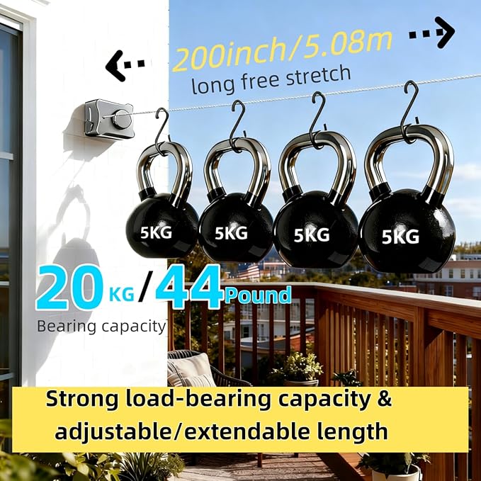 Retractable Clothesline,Heavy Duty Outdoor Clothes Drying Laundry Line Wall Mounted Stainless Steel Line-16.7 Feets(Gray)