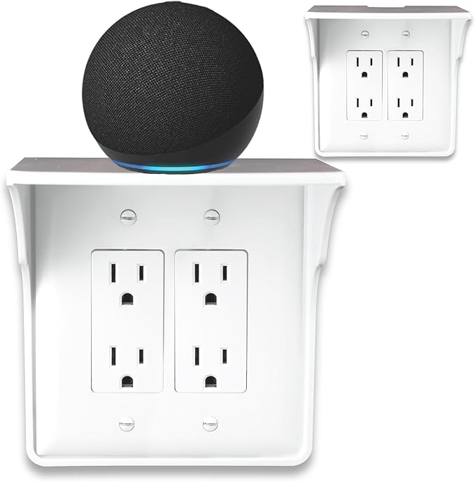 Power Perch Double Wall Outlet Shelf with Cord Storage Strap - Declutter & Reclaim Bathroom Counter Space - Echo Dot Stand, Homepod Mini Wall Mount Organizer by Beratek - White, 2-Pack