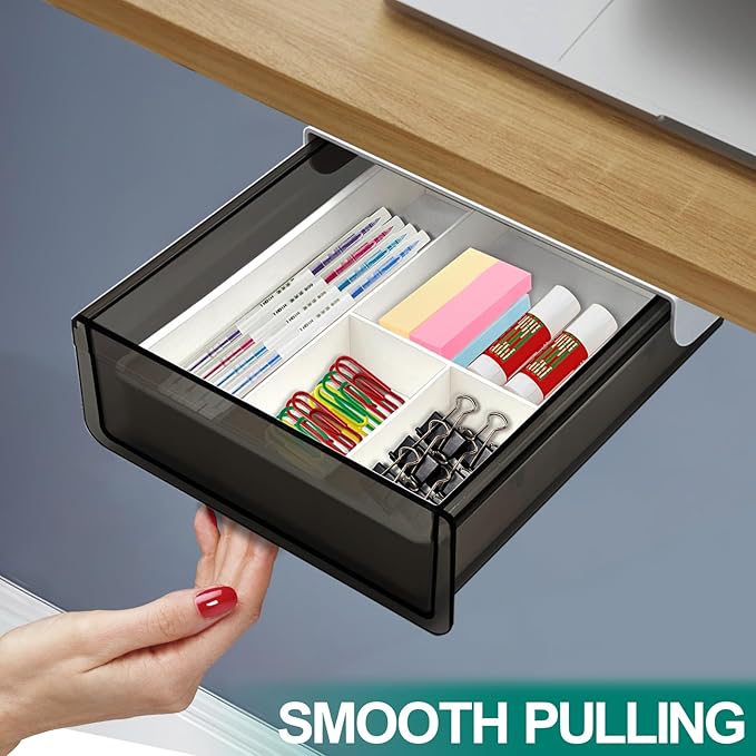 Under Desk Table Drawer Storage Organizer, Slide Out Drawer with 4 Compartments Divider,Pencil Storage Self-Adhesive Tray Under Table (M/Clear Black+White)