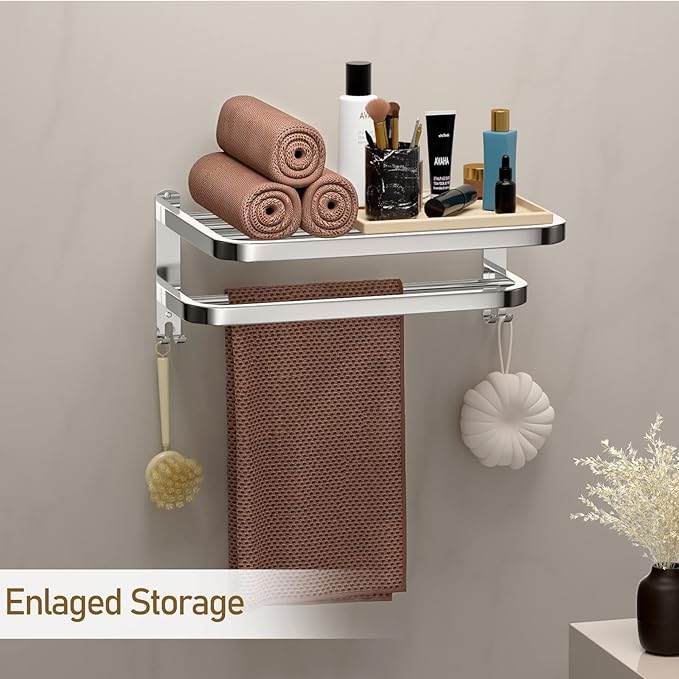 DDS-DUDES 15 Inch Bathroom Towel Rack Towel Shelf with Double Towel Bars Lavatory Wall Mount Holder with Hooks Stainless Steel Hotel Bath Rack