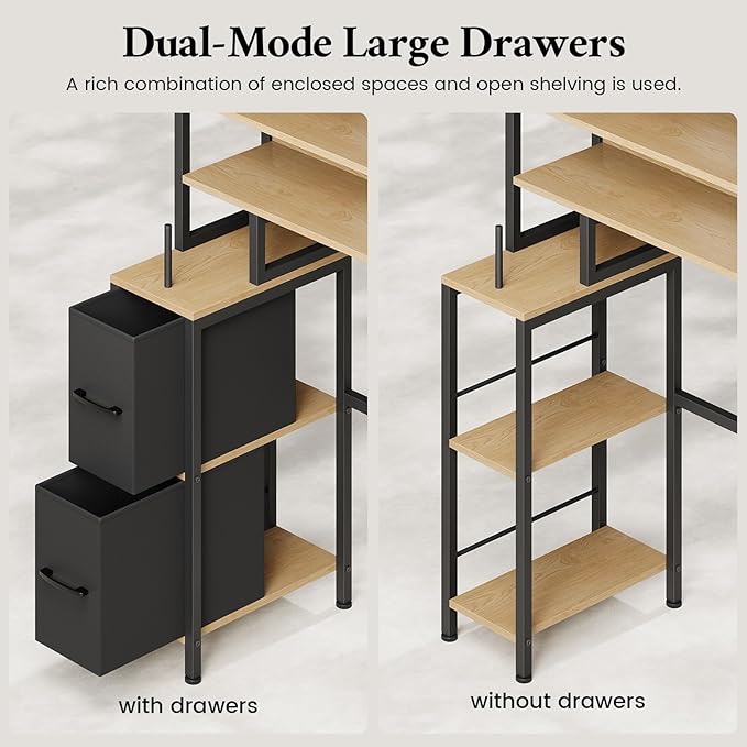 Over the Toilet Storage Cabinet with Doors, 2 Large Drawers & 6 Hooks, Over the Toilet Organizer with Toilet Paper Holder, Over the Toilet Storage for Bathroom, Laundry Room, Natural