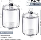 SheeChung 6-Pack Clear Acrylic Apothecary Jars with Labels - (3) 10oz & (3) 12oz Qtip Holder Set - Shatterproof Bathroom Vanity Organizer for Cotton Swabs, Balls, Pads - Minimalist Decor