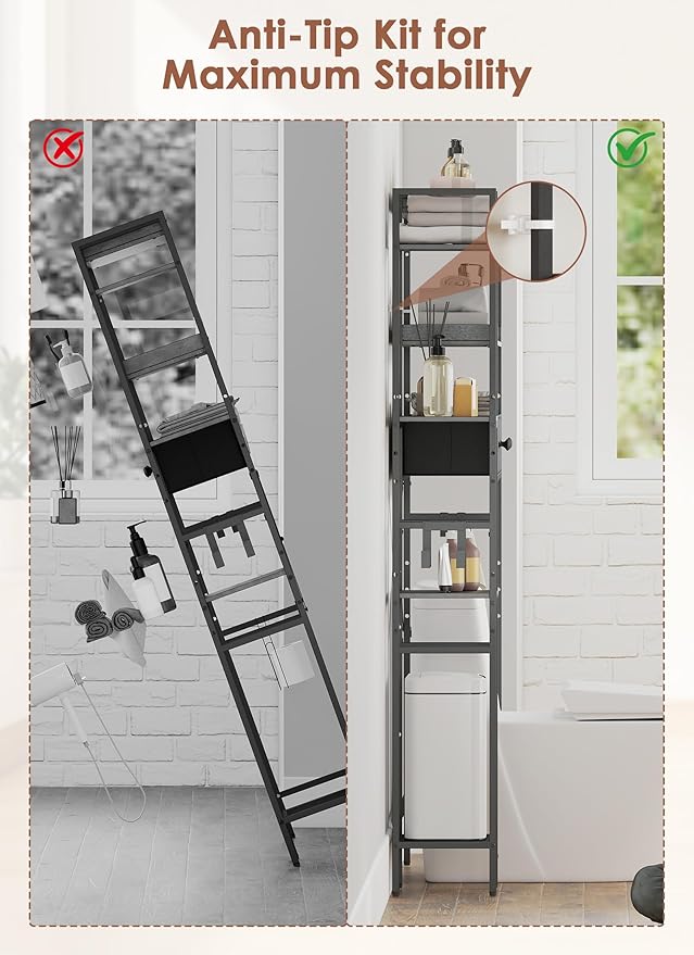 Over The Toilet Storage with 2 Drawers - 7 Tier Bathroom Organizer with Adjustable Shelf, Freestanding Space Saver Storage Rack Above Toilet Stand with Hooks for Small Restroom, Laundry(Black)