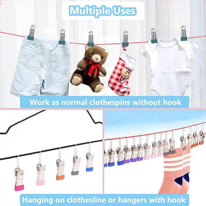 Clothes Pins with Removable Hook, 32 Pack Stainless Steel Colored Clothespins for Laundry, Heavy Duty Clothing Pins for Clothes Line, Multipurpose Metal Clips for Hanging Clothes, Socks, Towel, Snack