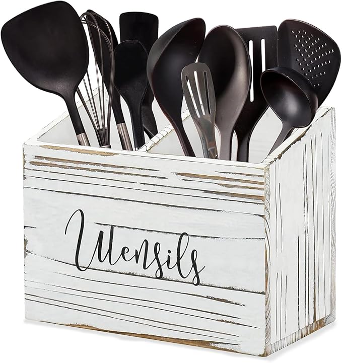 Utensil Holder with 2 Compartments, Utensil Caddy for Kitchen Counter, and Storage for Silverware Fork Spoon Spatula (White)