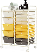 GOFLAME 15-Drawer Rolling Storage Cart, Craft Storage Cart with Removable Drawers & Lockable Wheels, Art Cart Supply Storage Organizer for Home Office Classroom, Yellow