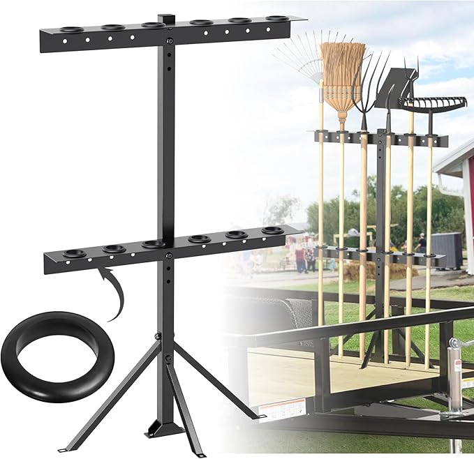 Trailer Tool Rack Shovel Holder - Shovel Rack for Trailer with 6 Tool Holes with Rubber Grommets, Dark Black