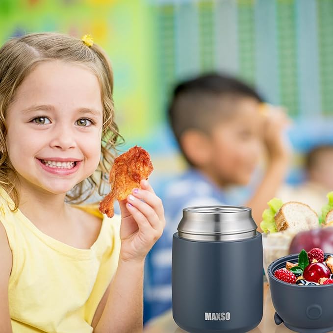 MAXSO Soup Thermo for Hot & Cold Food for Adults Kids, 17 oz Vacuum Insulated Steel Lunch Container Bento Box with Spoon, Leakproof Thermal Food Jar for School Office Travel - Dusty Blue
