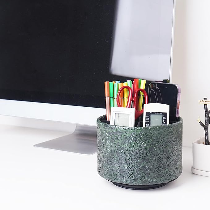 lizimandu Round Leather Art Supply Organizer,Remote Control Holder,360 Degree Spinning,Multi-Functional Pencil Holder,4 Compartments Desktop Stationary Organizer(1-Carved Metal Green1)