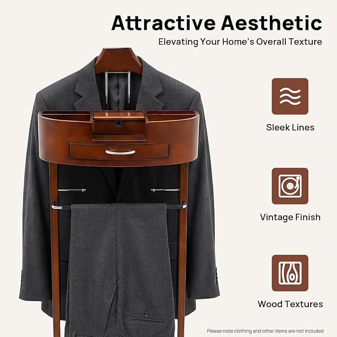 Gdrasuya10 Suit Valet Stands for Men and Women, Wood Clothes Rack with Drawer & Trouser Holder, Freestanding Coat Organizer Stand for Entryway, Living Room, 22lbs Capacity (Brown)