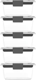 Rubbermaid Brilliance BPA-Free Food Storage Containers Multi Pack, 1.3 Cup Plastic Containers with Lids, 5 Pack, Leak Proof, Microwave & Dishwasher Safe