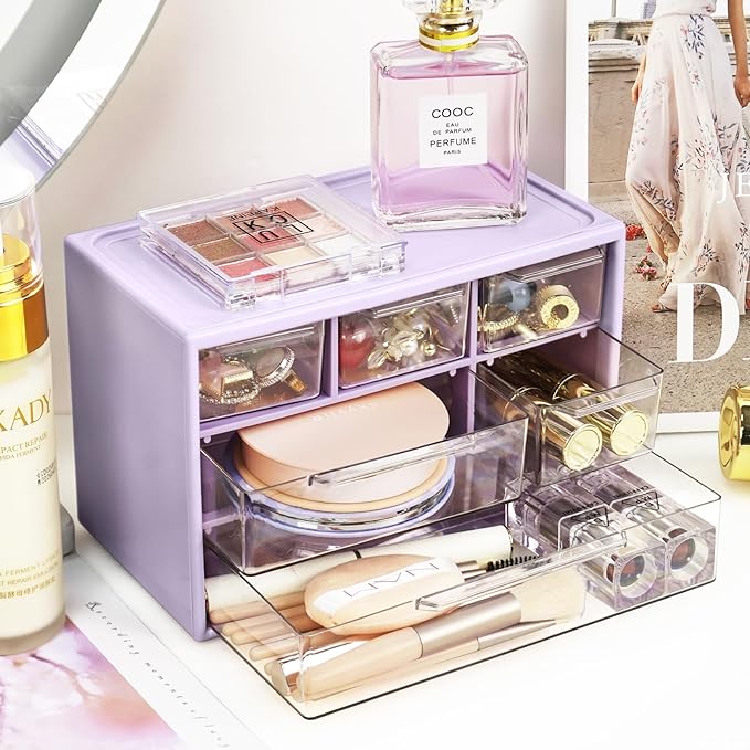 Desk Storage Organizer with 6 Mini Drawers, FODIENS Stackable Desktop Craft Drawer Cabinet, Clear Storage Box Caddy for Makeup Jewelry Office Craft Supplies (Purple)