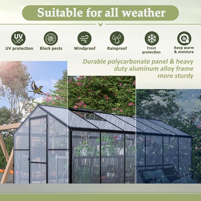 Heavy-Duty Polycarbonate Greenhouse with Double Flush Door, Rain Gutter & Adjustable Ventilation Window for Garden, Backyard or Sunroom Use (6x12 FT)