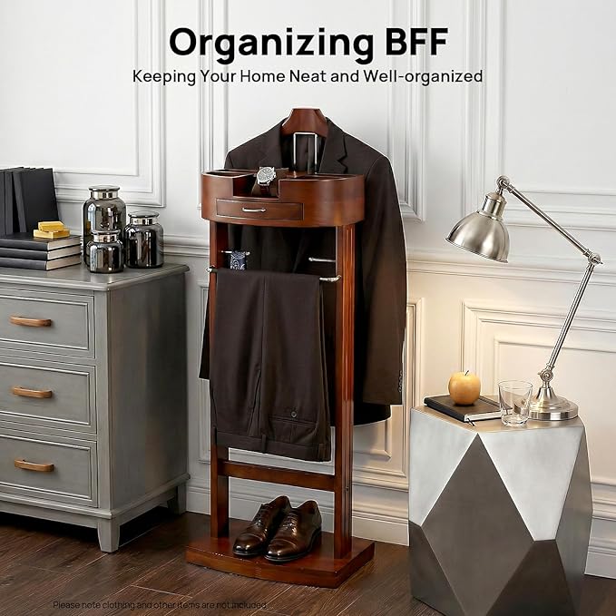 Gdrasuya10 Suit Valet Stands for Men and Women, Wood Clothes Rack with Drawer & Trouser Holder, Freestanding Coat Organizer Stand for Entryway, Living Room, 22lbs Capacity (Brown)