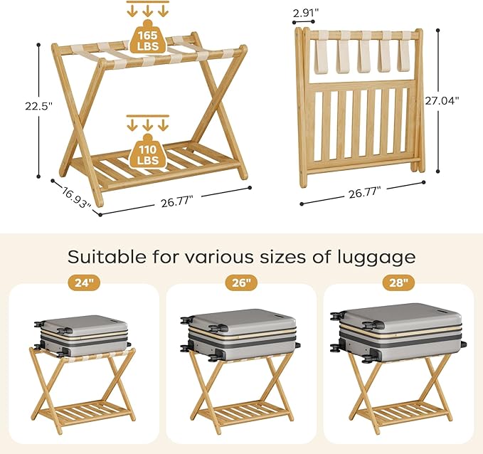 Fully Assembled Luggage Racks Pack of 2, Bamboo 26.77" Folding Luggage Rack Stand for Guest Room, 5 Nylon Straps, Suitcase Stand with Storage Shelf for Bedroom Hotel, Heavy Duty, Natural