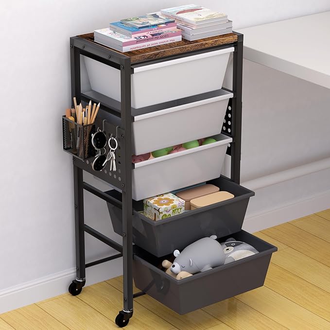 Rolling Cart with Drawers, Rolling Storage Cart with Large Plastic Drawers & Wooden Tabletop, Utility Cart with Pegboards & Basket, Storage Drawers Cart for Living Room, Classroom, Bedroom, Office