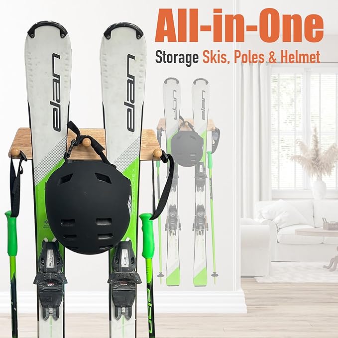 Tuiiopoli Ski Rack with 3 Wood Hook - Minimalist Oakwood Style Snowboard Wall Mount Storage Damage-Free Modern Floating Display Hanger for Home Garage Longboard Holder Vertical
