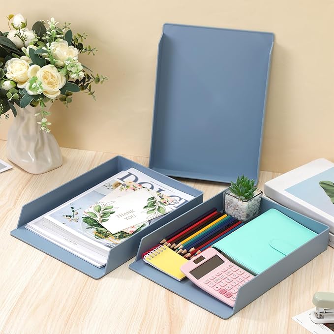 TecUnite 6 Pieces Stackable Letter Trays Blue Rectangular Stackable Office Letter Size Plastic Organizer Desk Tray for Desk Plastic Stacking Support for File Storage Office Classroom