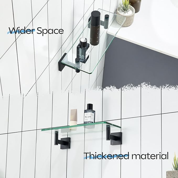 KOKOSIRI Bathroom Shelves Glass Floating Shelf 12-Inch for Bedroom Living Room Kitchen Hanging Rack Rustproof Wall Mounted Black 2 Pack B1105BK-L12-P2