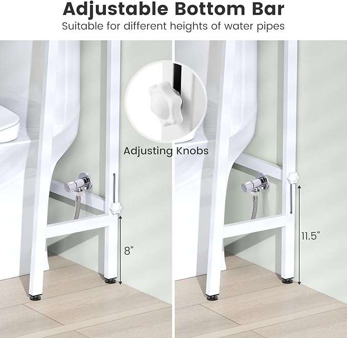 Tangkula Over-The-Toilet Storage Rack, 3-Tier Freestanding Bathroom Space Saver Shelf w/ 2 Hanging Hooks & Toilet Paper Holder, Metal Above Toilet Storage Rack for Bathroom Laundry (White, 62.5”H)