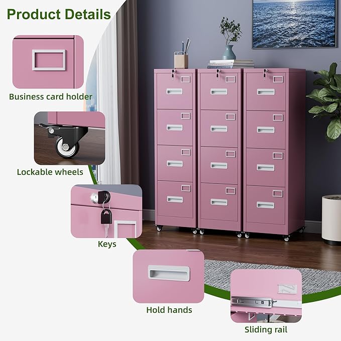Aobabo 4 Drawer File Cabinet with Wheels, Lockable Office Metal Filing Cabinet with Name Card for Office and Home,Assembly Required,Pink