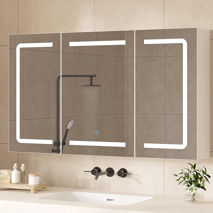 Hasuit Medicine Cabinet Organizer with Mirror, Lighted Bathroom Medicine Cabinet with Storage, 3 Doors Bathroom Wall Cabinet with LED Lights, Adjustable Shelves & Outlets, 39.4'' x 23.6'', White