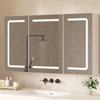 Hasuit Medicine Cabinet Organizer with Mirror, Lighted Bathroom Medicine Cabinet with Storage, 3 Doors Bathroom Wall Cabinet with LED Lights, Adjustable Shelves & Outlets, 39.4'' x 23.6'', White