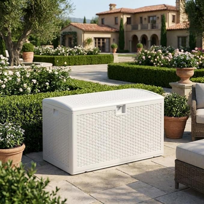 Garvee 73 Gallon Waterproof Large Resin Deck Box Indoor Outdoor, Lockable Storage Container for Patio Furniture Tools, Waterproof Deck Box Patio Storage Bin for Pool Garden, White