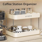 Countertop Coffee Station Organizer, 2 Tier Wine Glass Holder, Mug Shelf with Removable Drain Tray, Spice Rack for Kitchen, Bathroom Countertop Organizer, Cream White