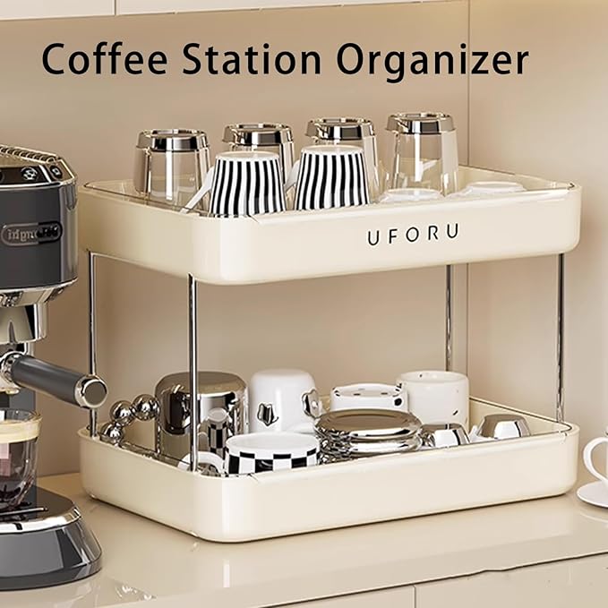 Countertop Coffee Station Organizer, 2 Tier Wine Glass Holder, Mug Shelf with Removable Drain Tray, Spice Rack for Kitchen, Bathroom Countertop Organizer, Cream White