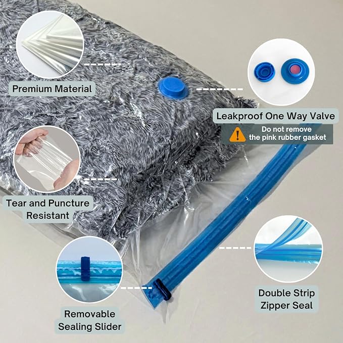4 Mega Jumbo XXL Vacuum Storage Bags with Pump (47x35in), Supersized Compression Space Saver for Comforter, duvet, Bedding, Blanket storage, Vacuum Seal Bags for Clothing, Stuffed Toy, Cushions