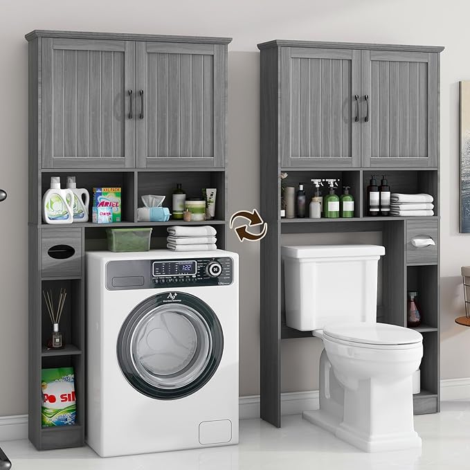 Over The Toilet Storage Cabinet, Farmhouse Storage Cabinet Over Toilet with Barn Door& Toilet Paper Holder Stand，Home Space-Saving Toilet Rack, for Bathroom, Restroom, Laundry.Wash Gray