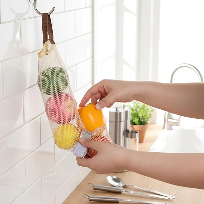 KALIONE 5 Packs Potato & Onion Bags, Hanging Mesh Storage Bags, Long and Large Reusable Net Produce Bags for Fruit Veggies, Suitable for Kitchen and Grocery