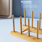 Bamboo Wooden Dish Rack, Plate Organizer for Cabinet Space Saver and Kitchen Counter, Bowl/Cup/Pot Lid/Cutting Board Drying Holder (4 Slots)