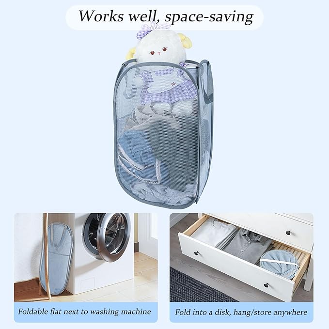 Upgraded 100L Extra Large Collapsible Laundry Baskets, 2 Pack XL Mesh Pop Up Laundry Hamper with Handles, Portable Travel Laundry Basket, Foldable Hamper. Grey. 2V