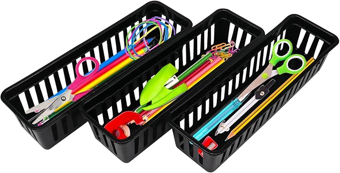FEOOWV Classroom Pencil or Rubber Organizer Basket Trays, Office Supply Baskets Organization Trays for Home School Classroom Office 12 Pack (Black)