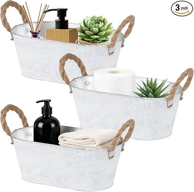3 Packs Rustic Metal Storage Basket for Toilet Tank Top Bathroom Decoration Toilet Paper Organizing Bin Box with Handle