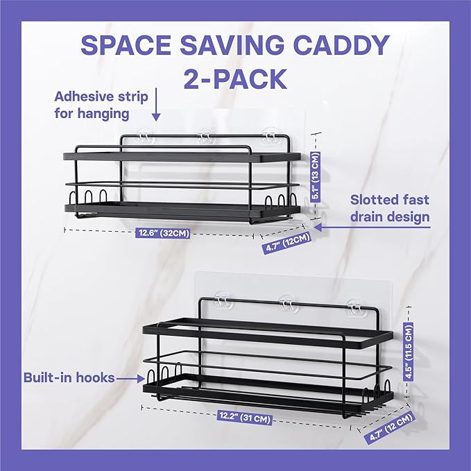 KINCMAX Iron Shower Caddies - Self Adhesive Bathroom Shelves for Showers - Wall Organizer Shampoo Holder Shelf - Peel and Stick On Caddy Bath Tub Rack - Pack of 2 Holders - Black