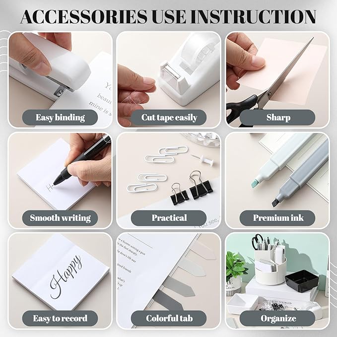 Kosiz 27 Pcs Black White Desk Accessories Gift for Aesthetic Desk Organizer Neutral Office Supplies Pen Holder Stapler Binder Sticky Notes Paper Clips Scissor Staples for Women(Classics)