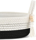 Mkono Small Storage Basket for Toilet Tank Top Boho Bathroom Decor Woven Rope Toilet Paper Tray Organizer for Shelf Bedroom Living Room, Black and White, 1 Pack, 13" L x 6" W