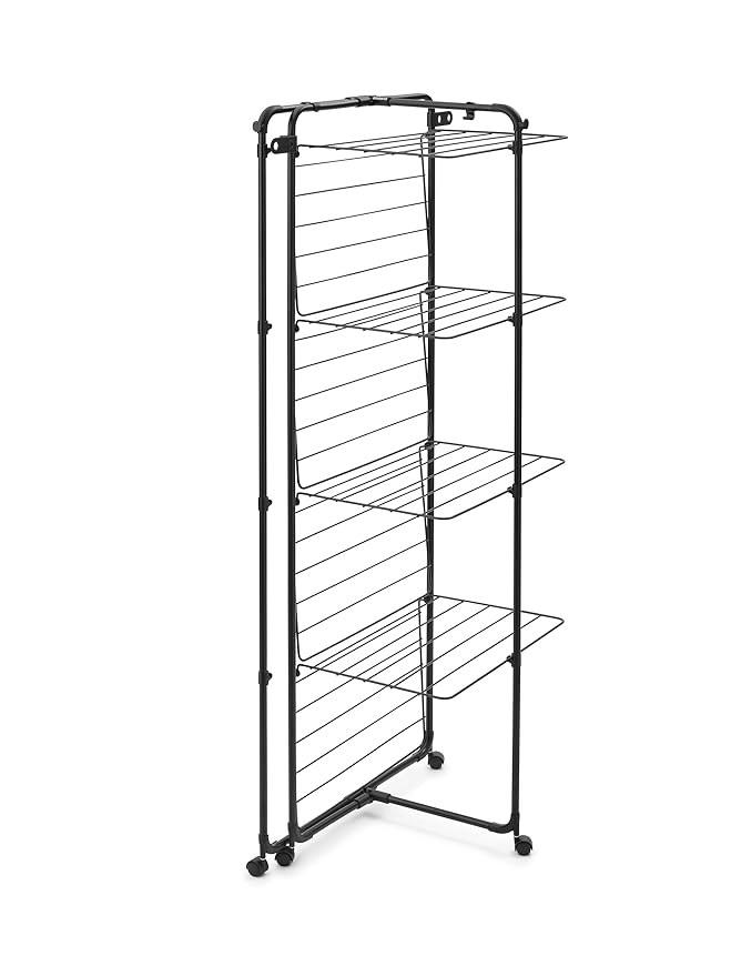 Brabantia HangOn Tower Clothes Drying Rack with Wheels | 98ft (30m) | Matt Black | Tall 3-Tier Indoor Clothes Airer with Adjustable Shelves for Towels, Folds Flat to Save Space | Fits 3 Full Loads