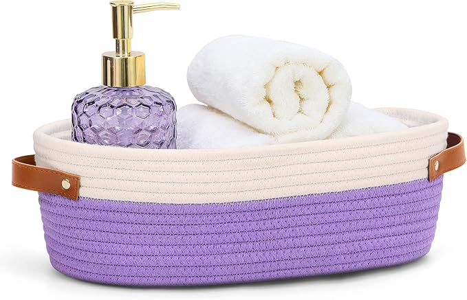 Bathroom Countertop Organizer Basket, Cotton Rope Woven Storage Basket Toilet Paper Decorative Basket for Bathroom, Bedroom, Living Room, Entryway 13"x6.3"x4.3" (Off White/Purple)
