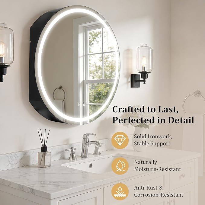 WallBeyond 28 in Round LED Medicine Cabinet with Mirror, Black Bathroom Cabinet with Storage, 3 Color Stepless Dimmable Lights, Anti-Fog, Memory Function, Hardwired, Surface Mount