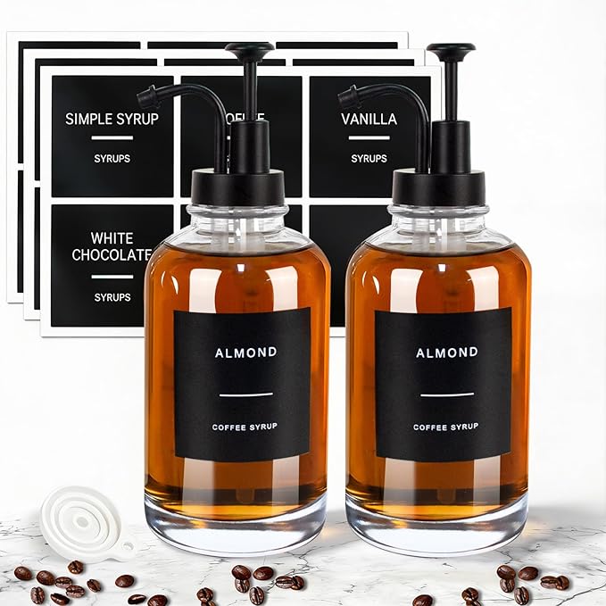Coffee Syrup Dispenser for Coffee Bar, Set of 2 Simple Glass Syrup Bottle w. Pump and Labels, 16.9 oz 500ml Syrup Pump Dispenser, Syrup Dispenser Black