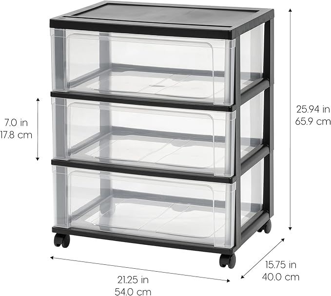 IRIS USA Plastic Drawer Storage Organizer Rolling Cart, with Wheels Casters, 3-Drawers, for Art Craft Supplies Bathroom Dorm Bedroom Laundry Room, Wide, Black