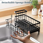 Consuemst Sponge Holder for Kitchen Sink - Auto Draining Sink Caddy Organizer with Detachable Rack, High Brush Holder, Kitchen Countertop Storage Accessories, Black