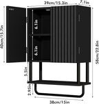 RUSTOWN Fluted Bathroom Wall Cabinet with 2 Doors, 3-Tier Modern Farmhouse Medicine Cabinet, Over The Toilet Storage Cabinet with Adjustable Shelf and Towel Bar(Black, Small)